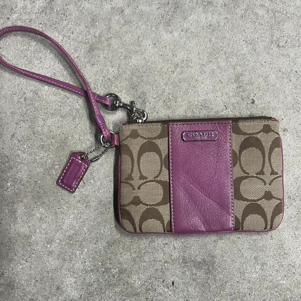 Coach Signature Logo Leather Zip Wristlet Tan & Purple
